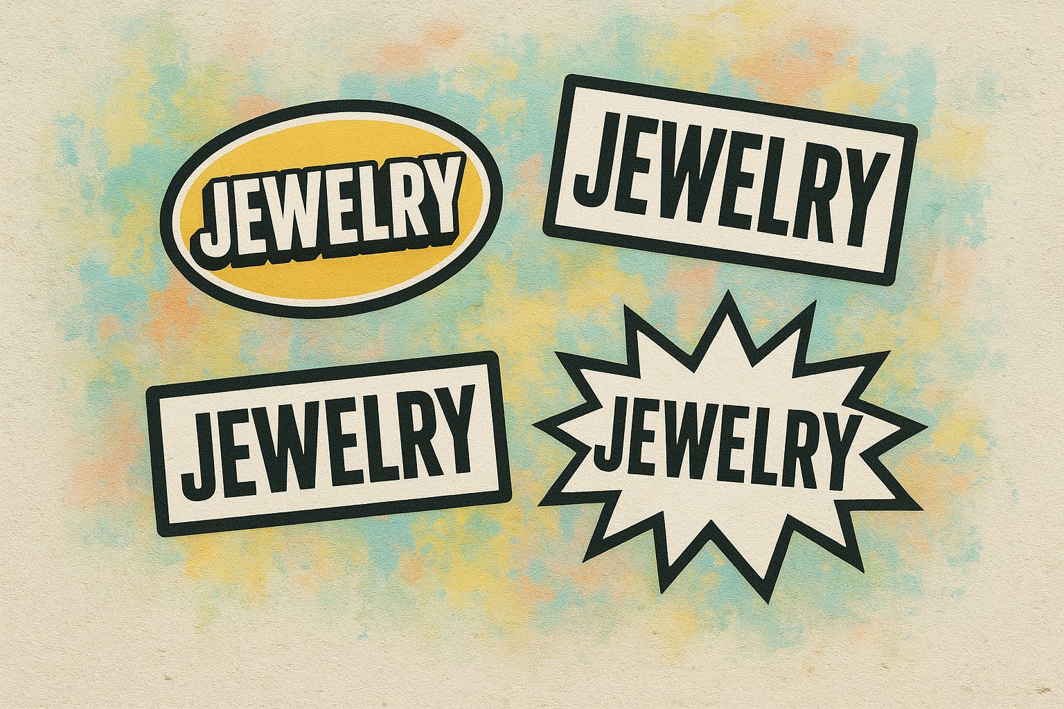 urban graffiti composition featuring four distinct sticker-style interpretations of the word "jewelry."