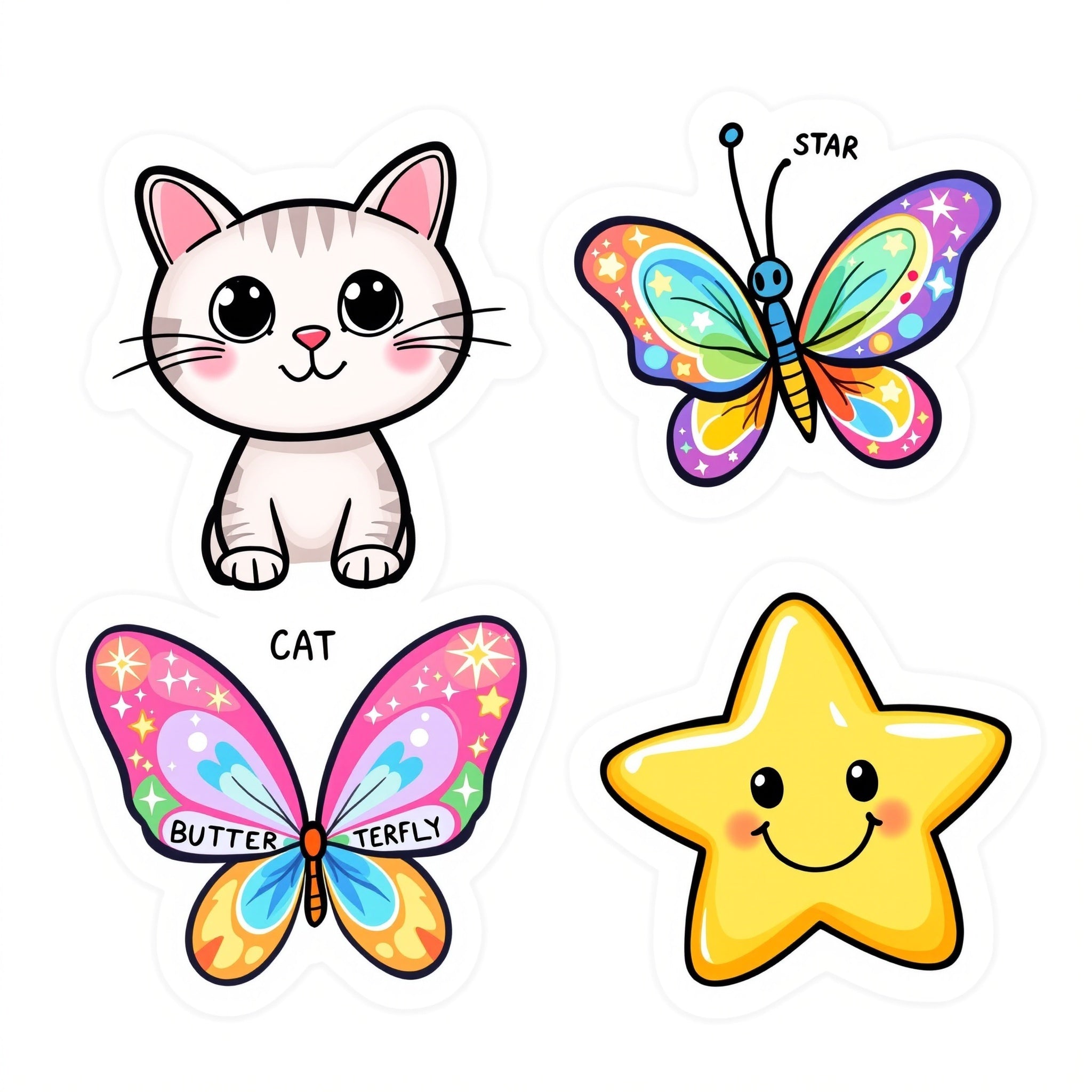 🐱 CAT – A cute cat with big eyes and adorable whiskers
🦋 BUTTERFLY – A colorful butterfly with beautiful wings and sparkles
⭐ STAR – A smiling star with a cheerful face