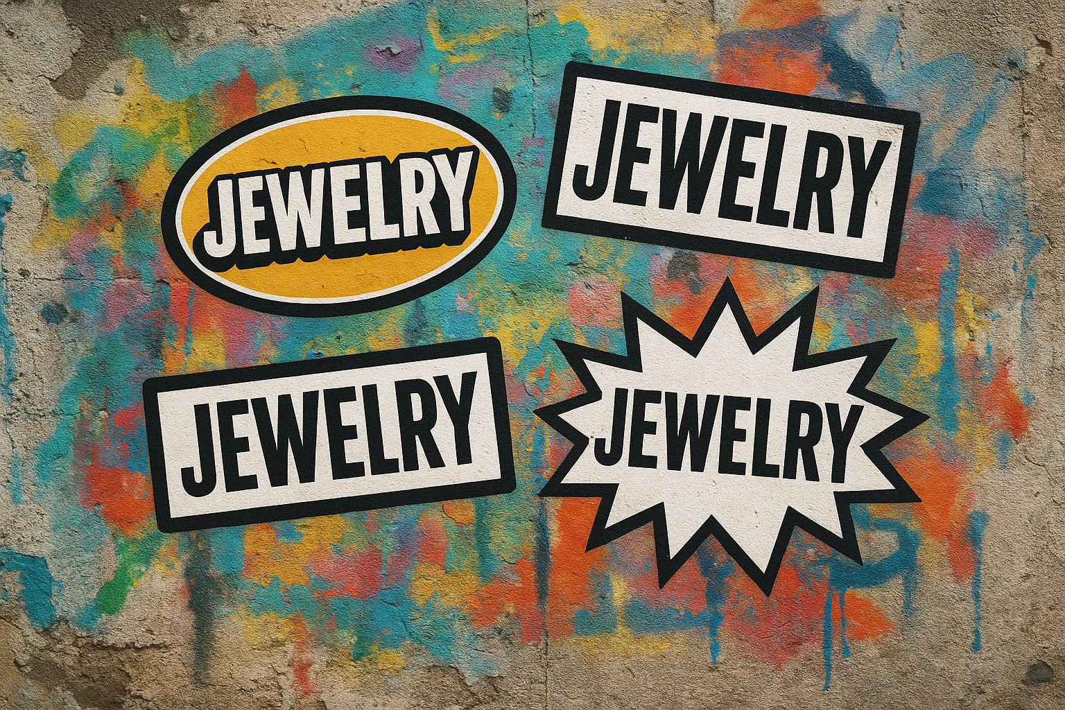 urban graffiti composition featuring four distinct sticker-style interpretations of the word "jewelry."