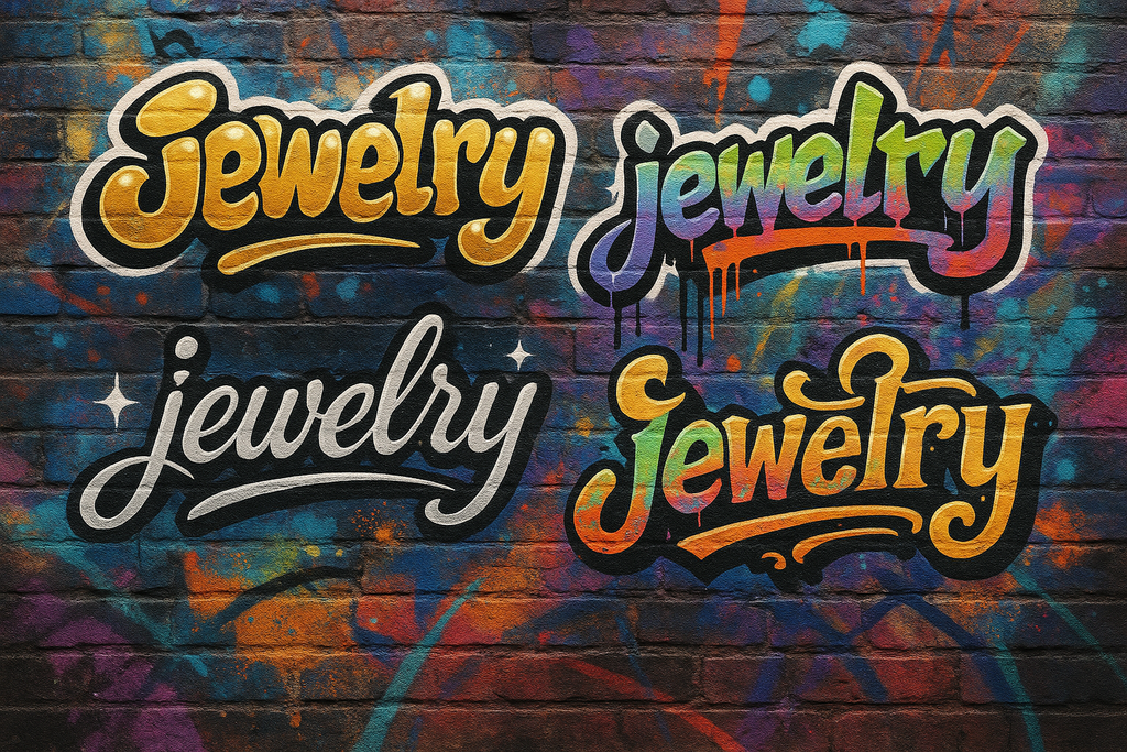 urban graffiti composition featuring four distinct sticker-style interpretations of the word "jewelry."